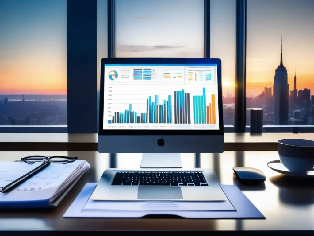 Escritorio moderno con vista a la ciudad Escritorio moderno con laptop y gráficos financieros, vista panorámica de la ciudad, estrategias de rebalanceo financiero