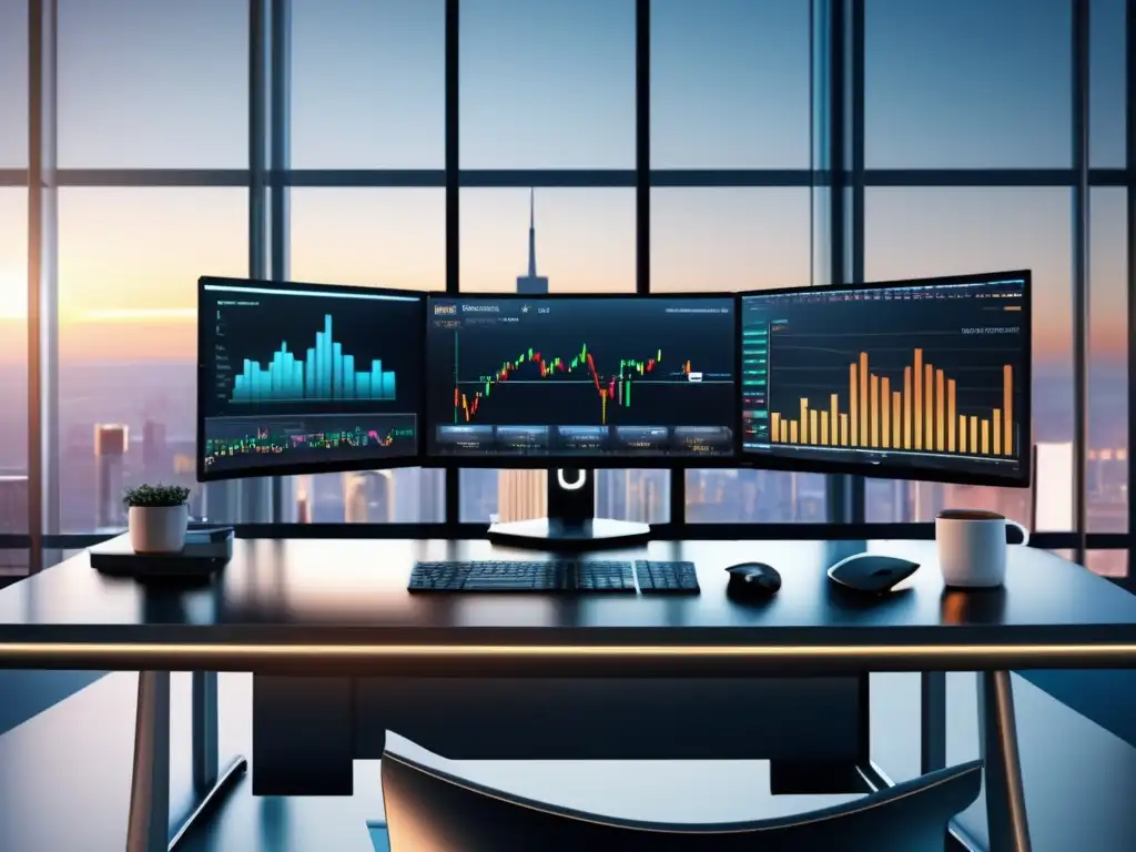 Escritorio de trading moderno con CCI en 8k Escritorio moderno de trading con CCI para operar en tendencias de mercancías