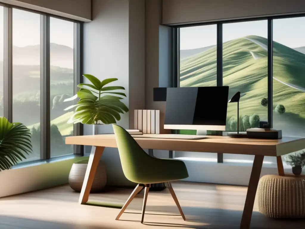 Espacio de trabajo moderno y sereno Escritorio moderno y tranquilo con vista a un paisaje verde - Beneficios de desconectar para inversiones