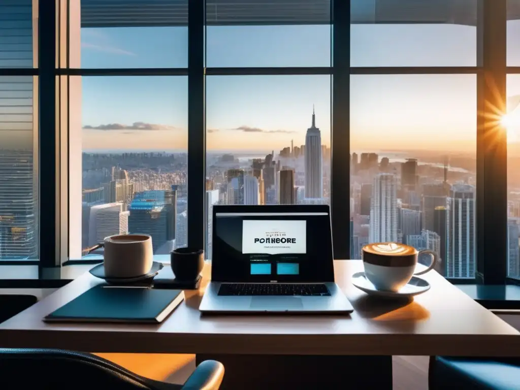 Oficina moderna con vista panorámica de la ciudad Escritorio moderno con vista panorámica a la ciudad a través de ventanas de piso a techo