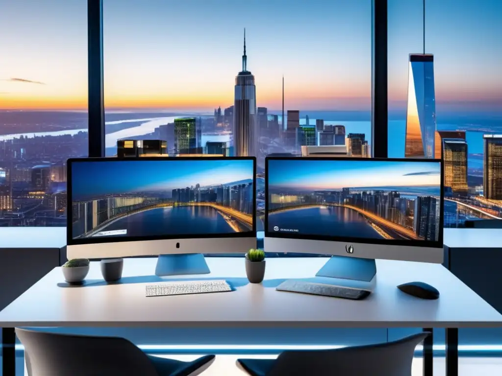 Espacio de trabajo moderno con laptops de software A, B y C Escritorio moderno con vista panorámica de ciudad, laptops de software A, B y C