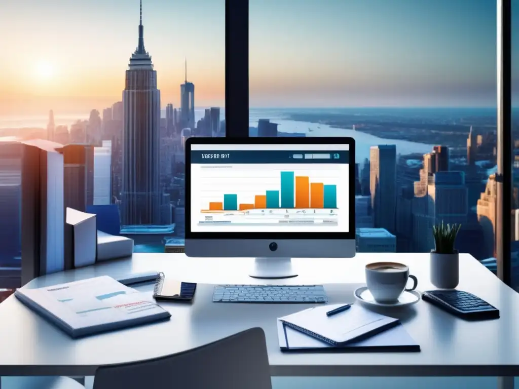 Espacio de trabajo moderno con vista panorámica Escritorio moderno con vista panorámica de la ciudad y herramientas de inversión financiera: plataforma de inversión tradicional análisis