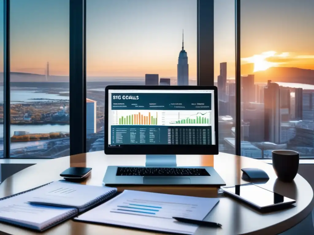 Oficina moderna con vista panorámica Escritorio moderno con vista panorámica de la ciudad y gráficos de inversiones