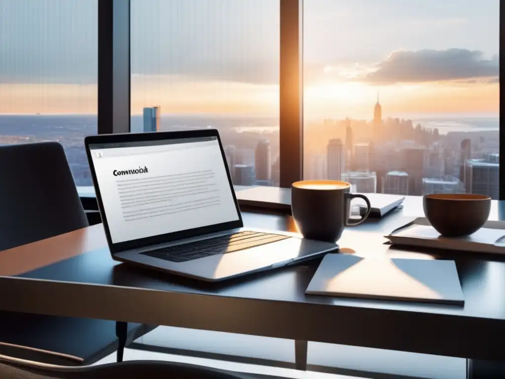 Escritorio moderno con metas financieras Escritorio moderno con vista urbana, metas financieras y gráfico de inversión: Beneficios de invertir a largo plazo