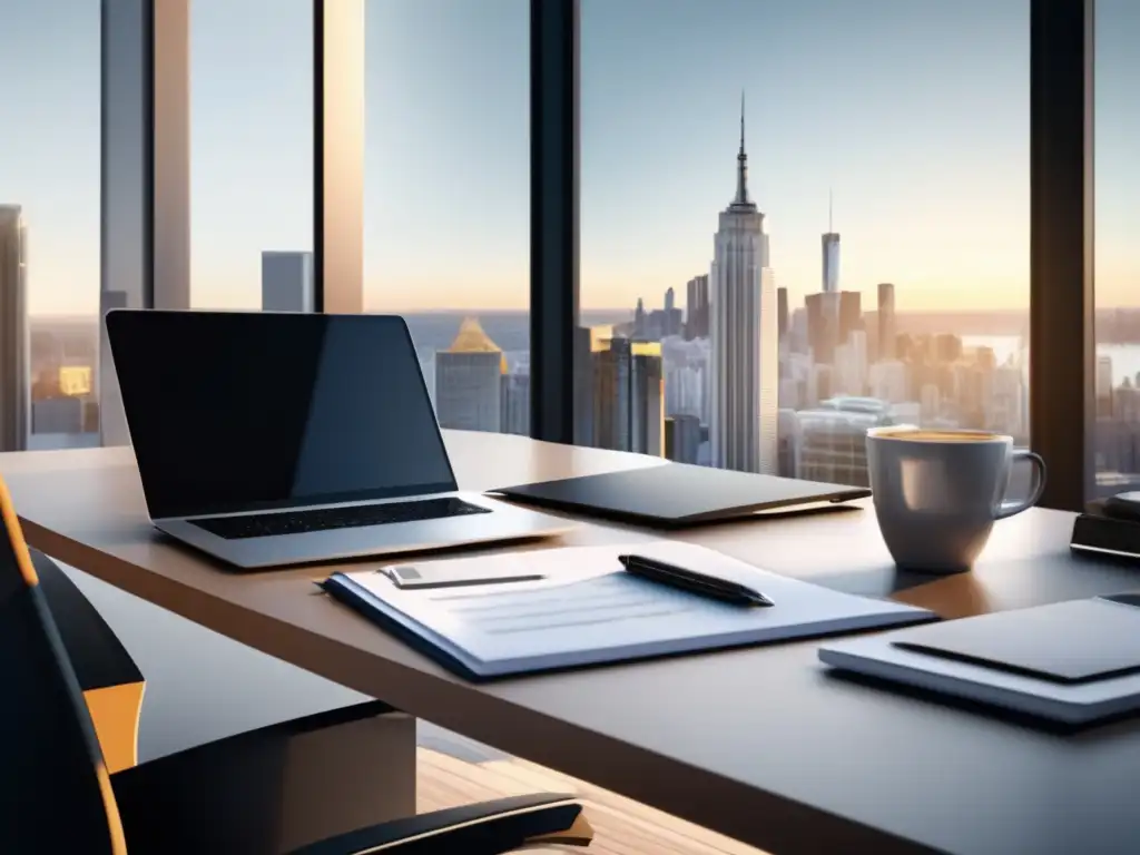 Espacio de trabajo profesional Escritorio de oficina moderno con laptop, documentos financieros, calculadora y café