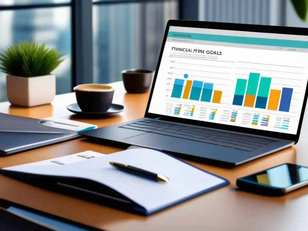 Escritorio de oficina con laptop y documentos financieros Escritorio de oficina con plan financiero personalizado para metas