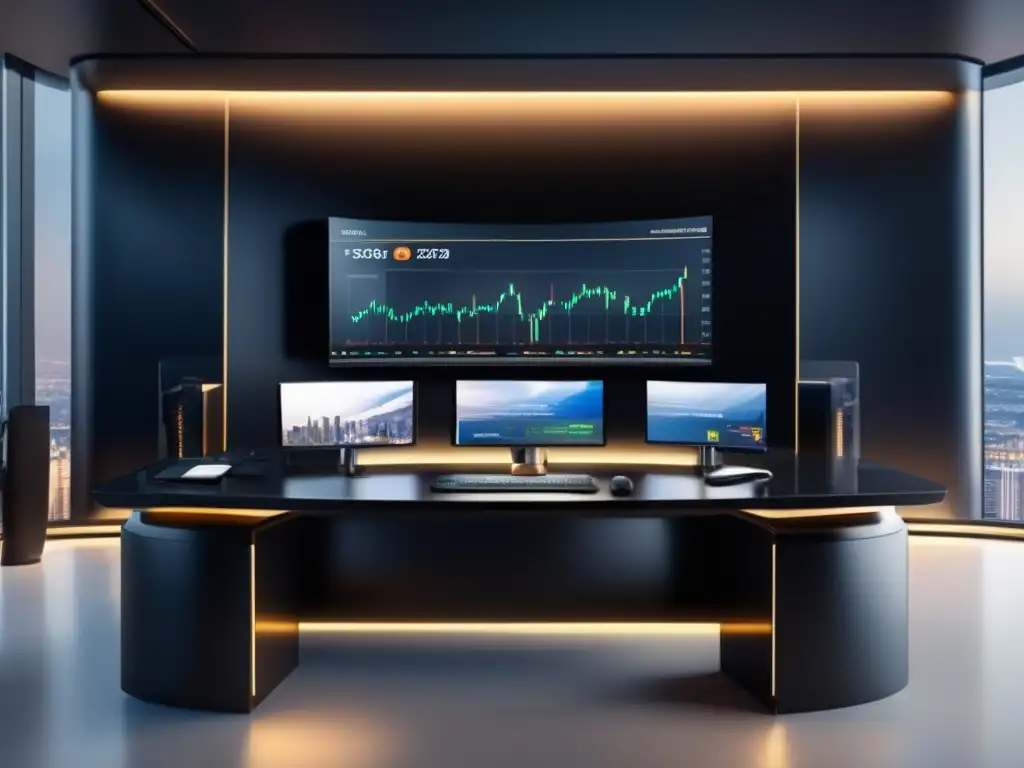 Escritorio de trading ultramoderno en mármol negro Escritorio de trading elegante y moderno con pantalla panorámica curva y datos en tiempo real