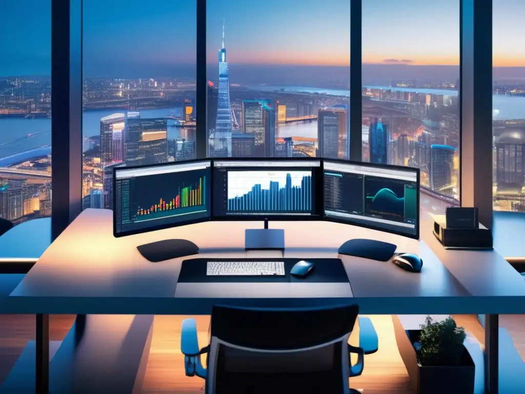Trading desk con vista panorámica Escritorio de trading con gráficos de velas y vista panorámica - Estrategias de análisis de gráficos de velas