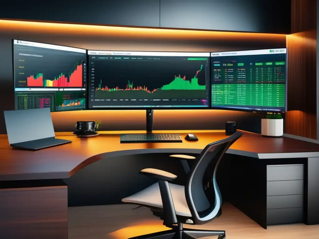 Mesa de trading moderna con monitor de stock y arte abstracto Escritorio de trading moderno con Thinkorswim - Características avanzadas para traders