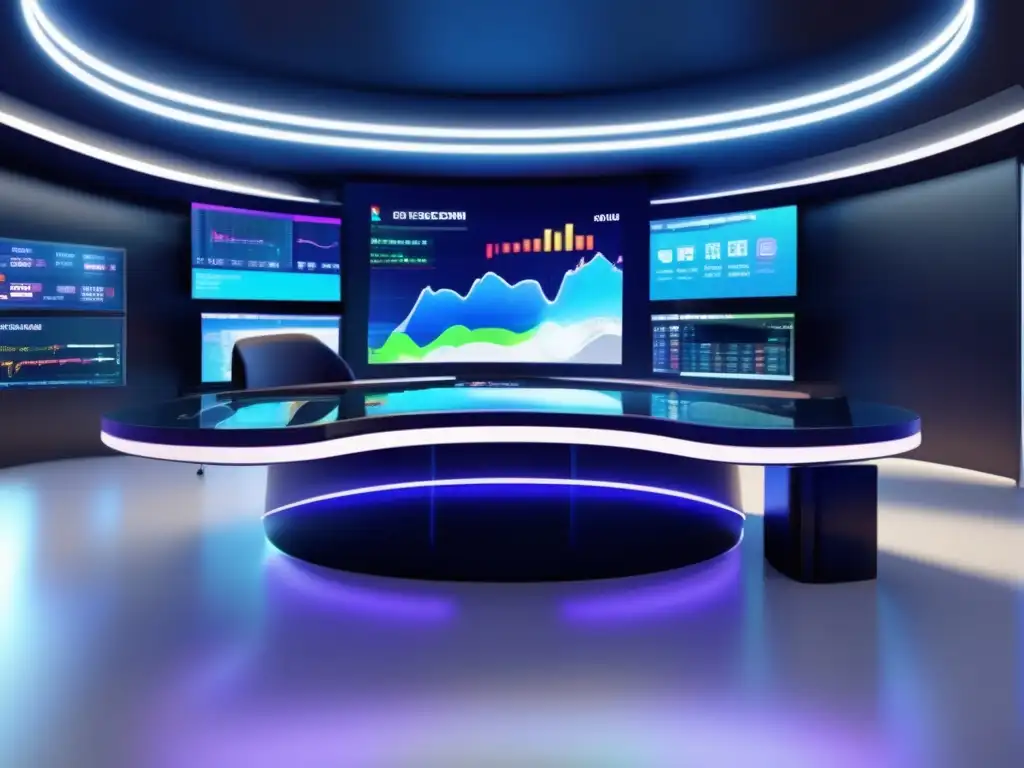 Trading desk futurista con Ichimoku Cloud y vista panorámica Escritorio de trading moderno con diseño futurista y la herramienta predictiva Ichimoku Cloud