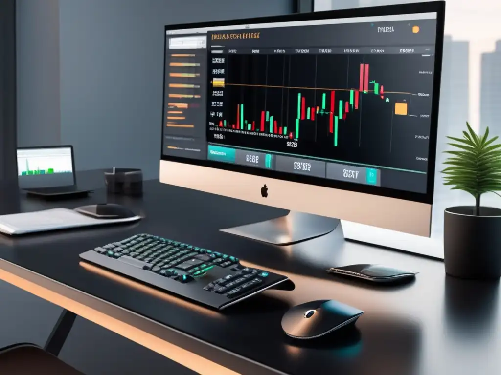 Escritorio de trading moderno con diseño minimalista Escritorio de trading moderno con diseño minimalista