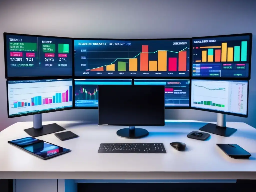 Escritorio de trading moderno y eficiente Escritorio de trading moderno y eficiente, con pantallas mostrando datos de mercado en tiempo real, gráficos y análisis técnico