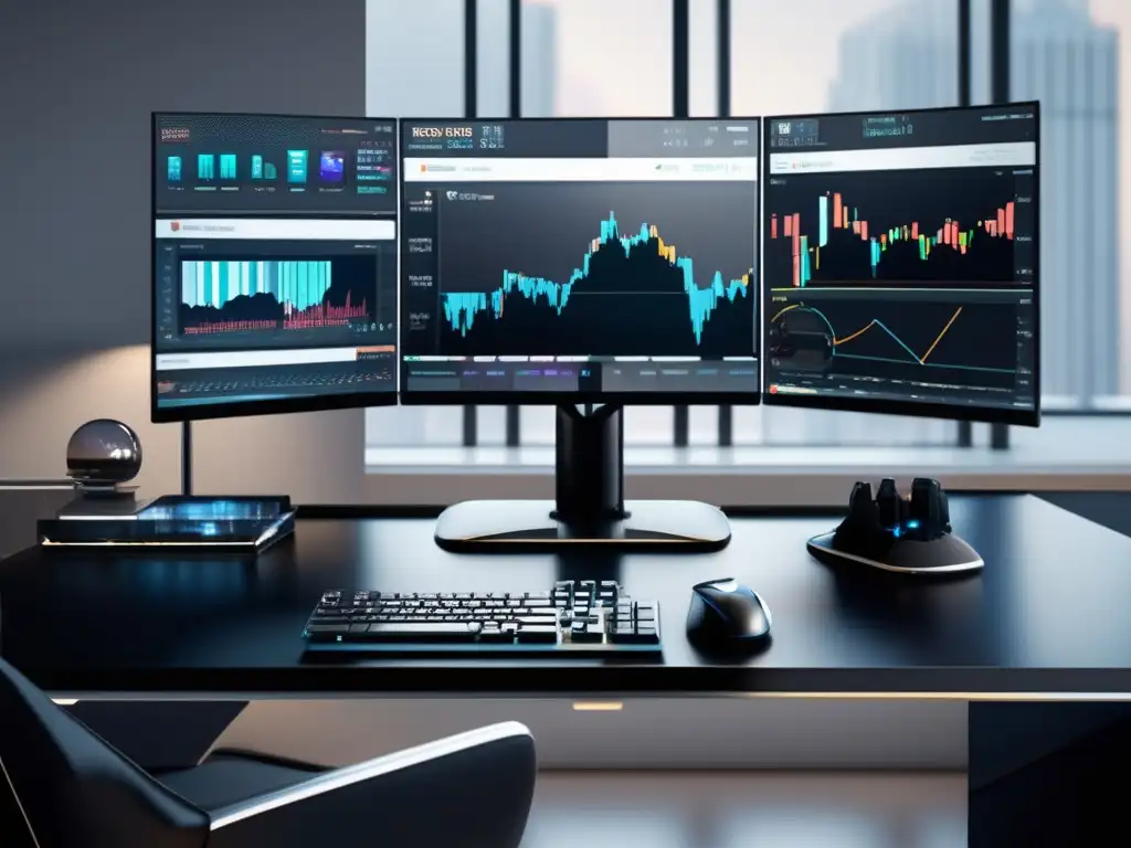 Moderno escritorio de trading en 8k Escritorio de trading moderno y elegante con monitor de alta resolución y accesorios de oficina contemporáneos