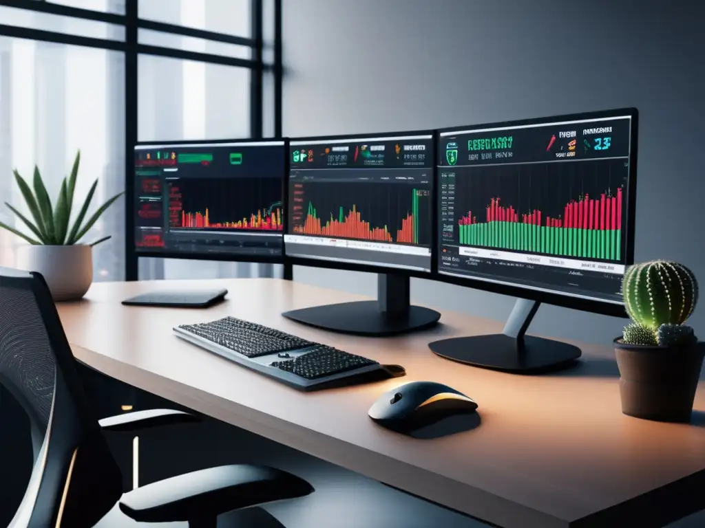 Trading desk de alto rendimiento Escritorio de trading moderno y elegante con tecnología de vanguardia y elementos minimalistas