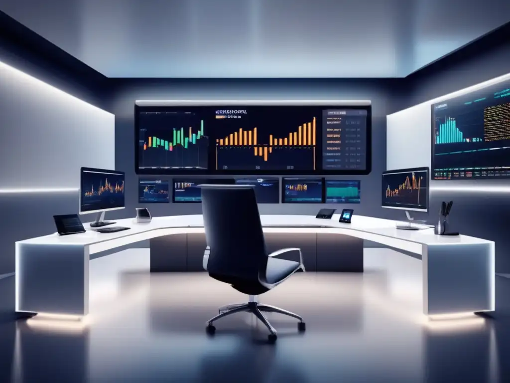 Moderno escritorio de trading en oficina elegante Escritorio de trading moderno y elegante con pantallas de forex y vista panorámica de la ciudad