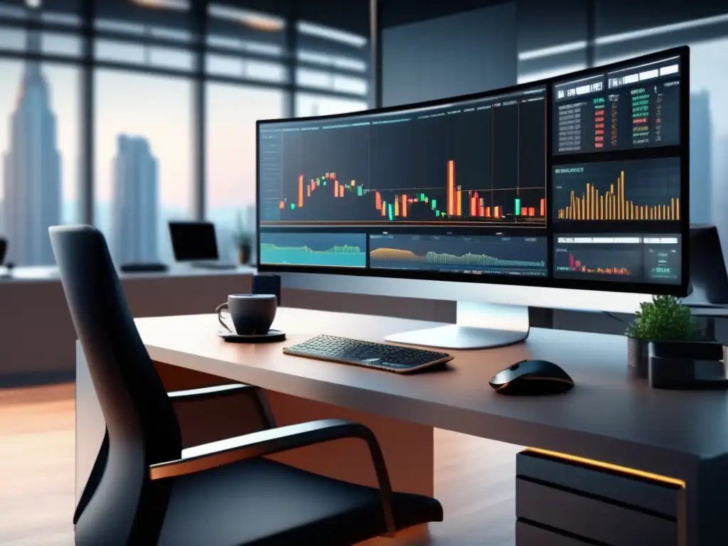 Trading desk moderno con vista panorámica Escritorio de trading moderno: estrategia de scalping efectiva