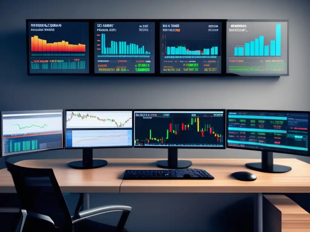 Escritorio de trading con pantallas de datos en tiempo real Escritorio de trading moderno con gráficos en tiempo real