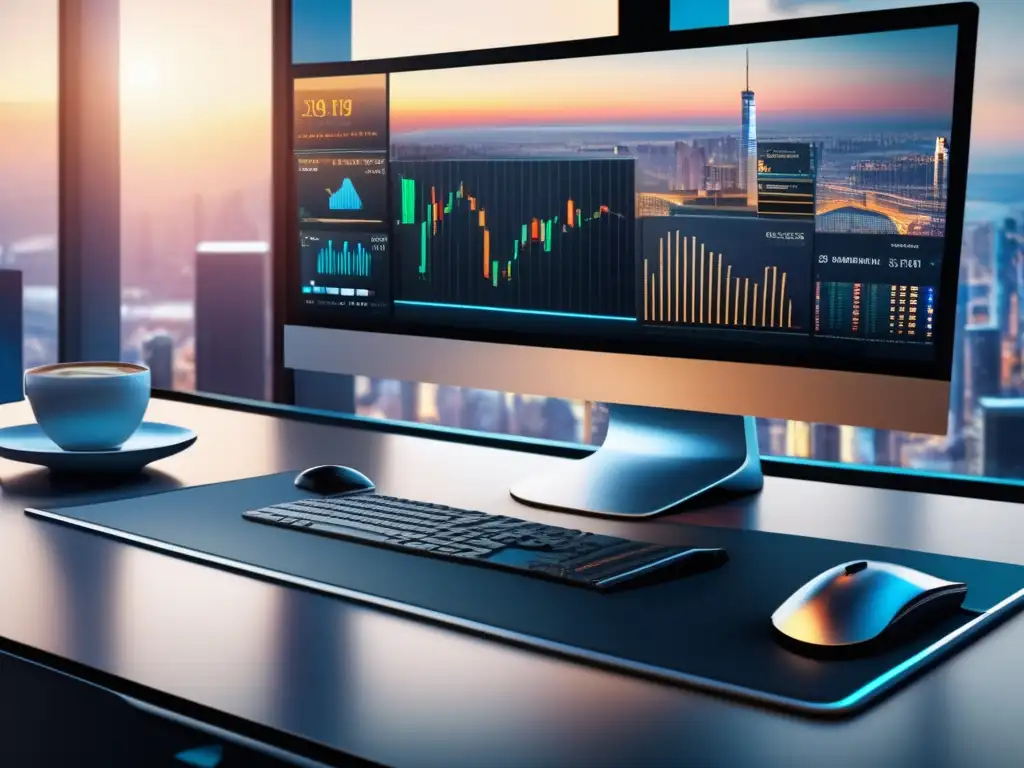 Escritorio de trading moderno con gráficos en vivo Escritorio de trading moderno con indicador Williams %R detectando sobrecompras y sobreventas
