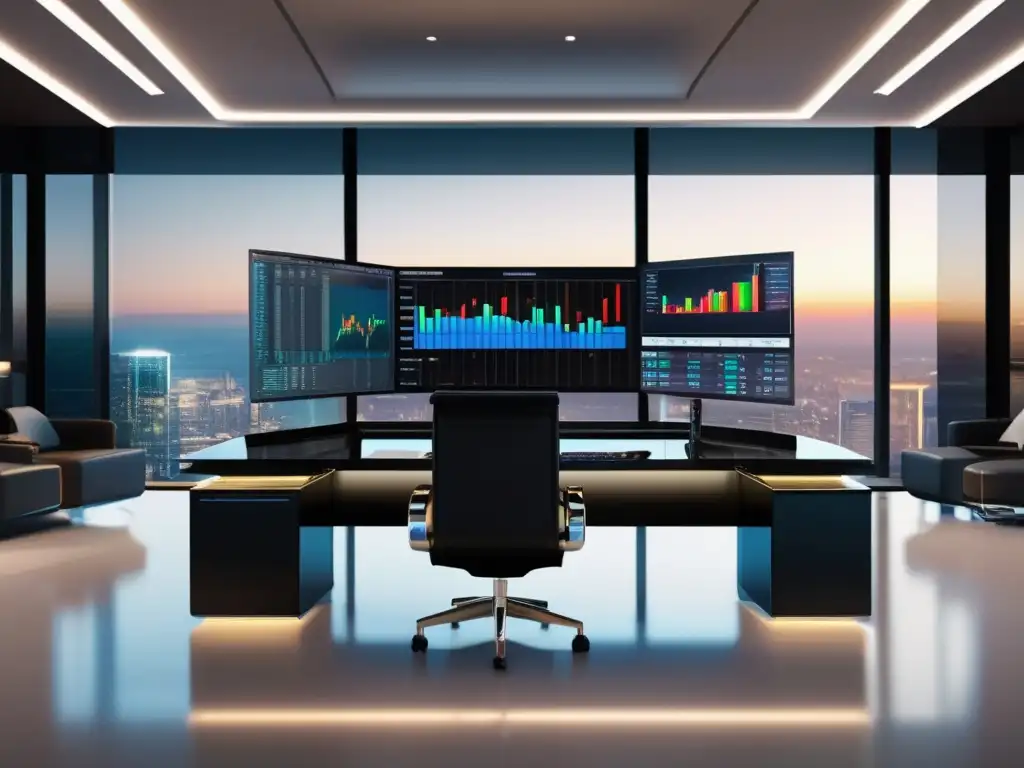 Escritorio de trading moderno en una oficina sofisticada Escritorio de trading moderno con indicadores técnicos MACD y RSI