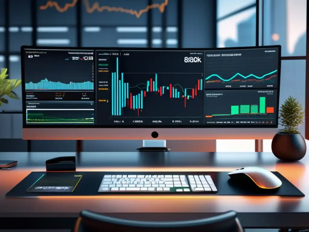 Escritorio de trading moderno y elegante Escritorio de trading moderno con MACD, RSI y decoración de oficina contemporánea