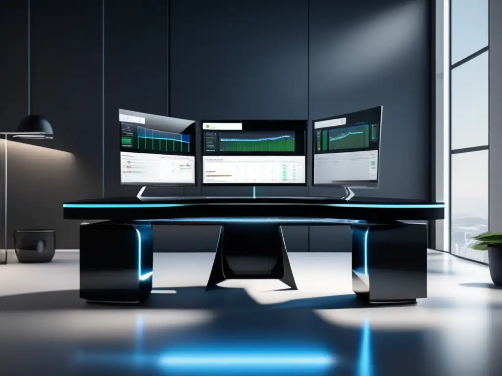 Trading desk con monitores y vista nocturna Escritorio de trading moderno con monitores de plataformas A, B y C