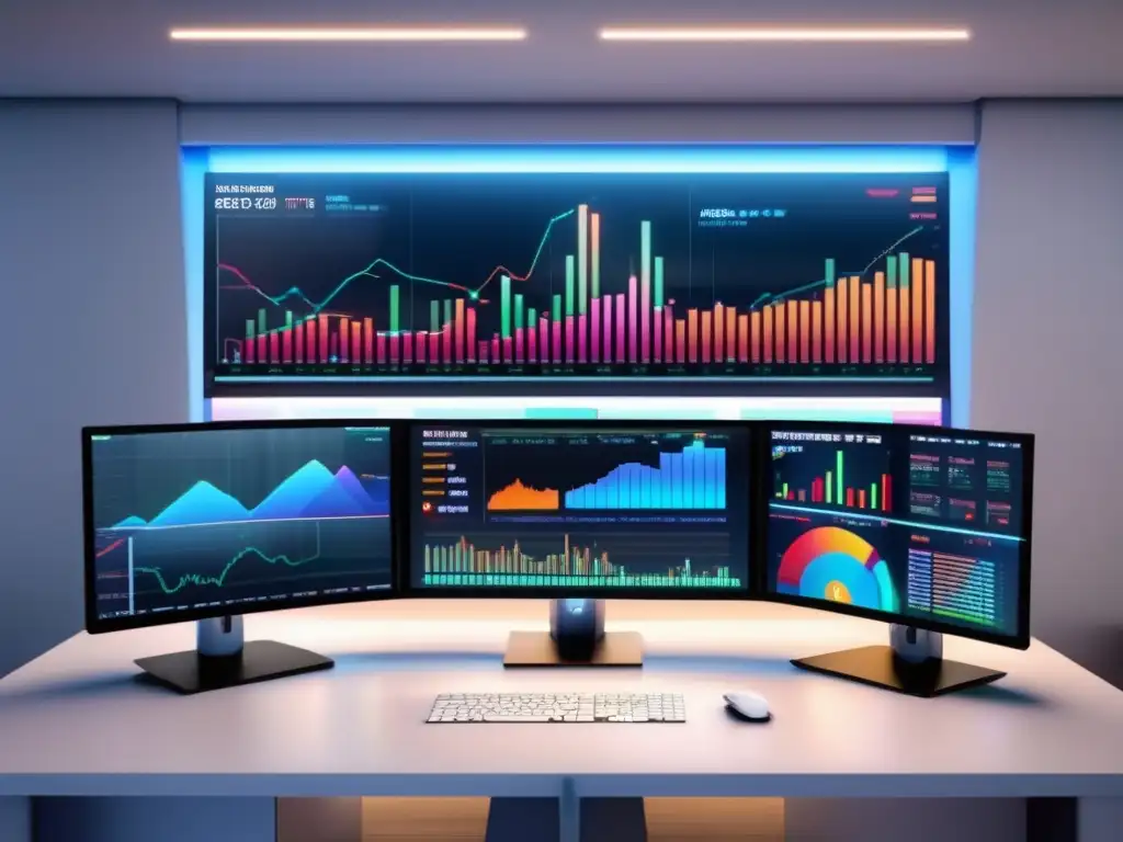 Escritorio de trading moderno Escritorio de trading moderno con pantallas mostrando datos del mercado de valores en tiempo real