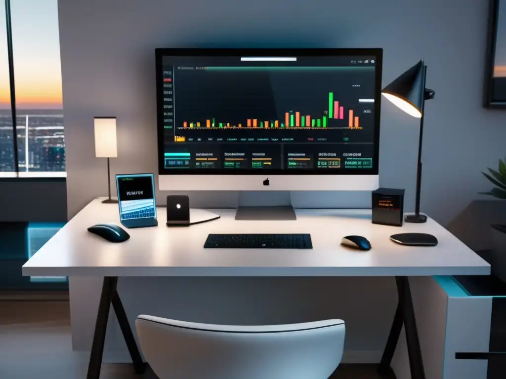 Escritorio de trading moderno y profesional Escritorio de trading moderno y profesional con monitor de alta resolución y gráficos de stocks en tiempo real