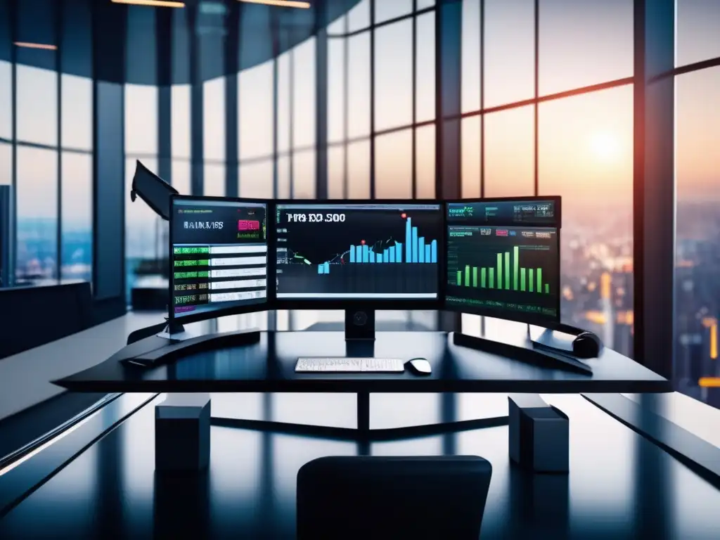 Elegante trading desk con pantalla táctil y gráficos financieros Escritorio de trading moderno con señales económicas