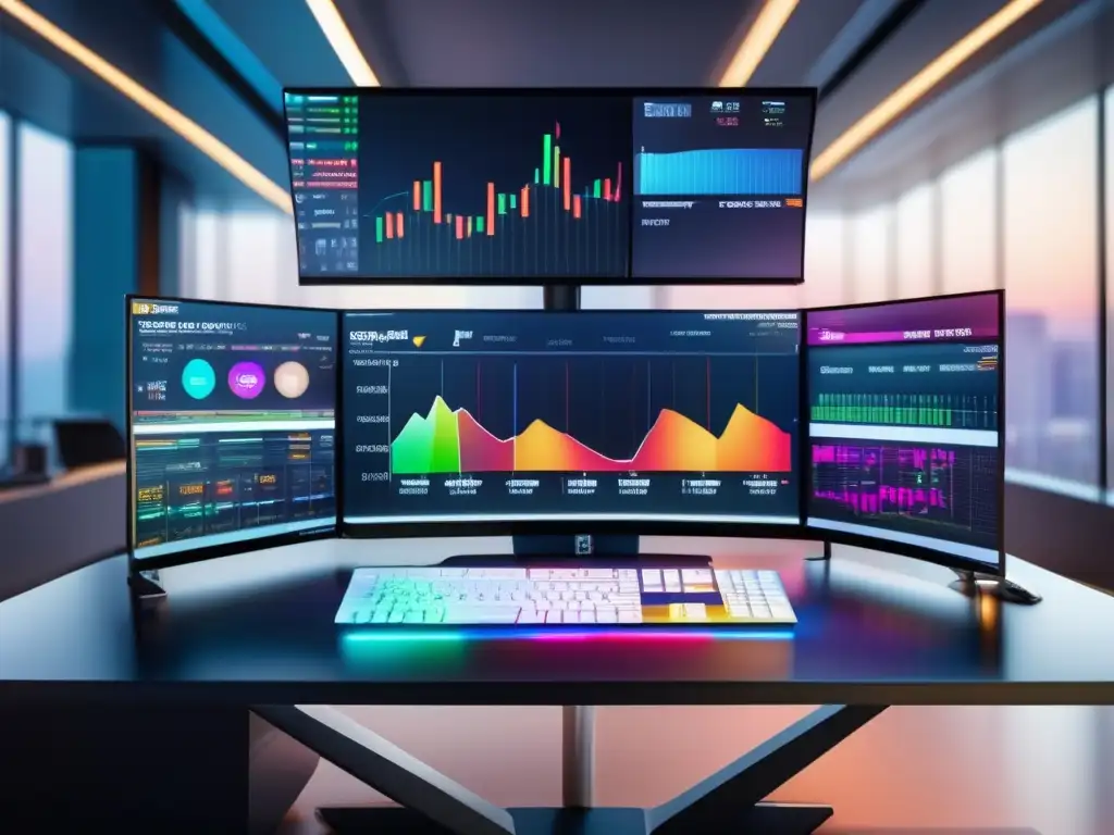 Trading desk moderno con tecnología avanzada Escritorio de trading moderno con tecnología avanzada y ambiente profesional