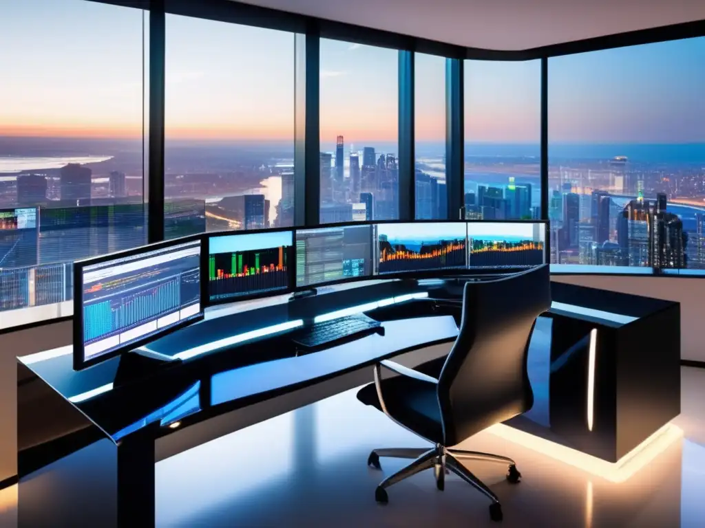 Escritorio de trading moderno y sofisticado Escritorio de trading moderno con vista panorámica de la ciudad al atardecer