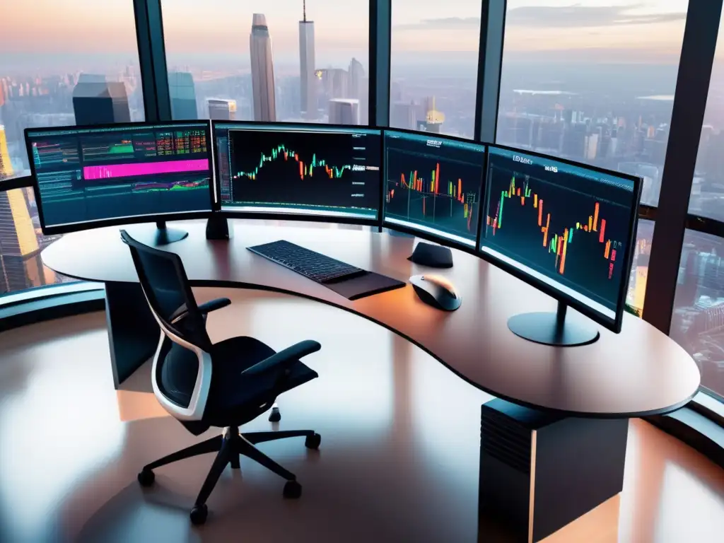Escritorio de trading moderno y profesional Escritorio de trading moderno con vista panorámica