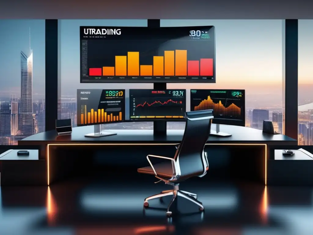 Escritorio de trading moderno y elegante Escritorio de trading moderno con vista panorámica y estrategia de scalping efectiva