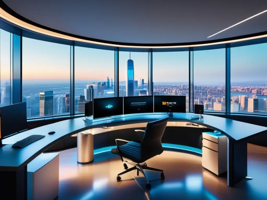 Escritorio de trading moderno en 8k Escritorio de trading moderno con vistas a la ciudad - Estrategias de análisis técnico y gestión de riesgo