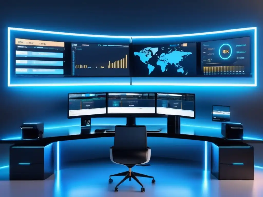 Escritorio de trading de alta tecnología Escritorio de trading ultradetallado de 8k con ambiente profesional y elegante