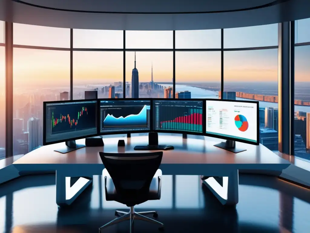 Escritorio de trading moderno con vista panorámica Escritorio de trading con vista panorámica