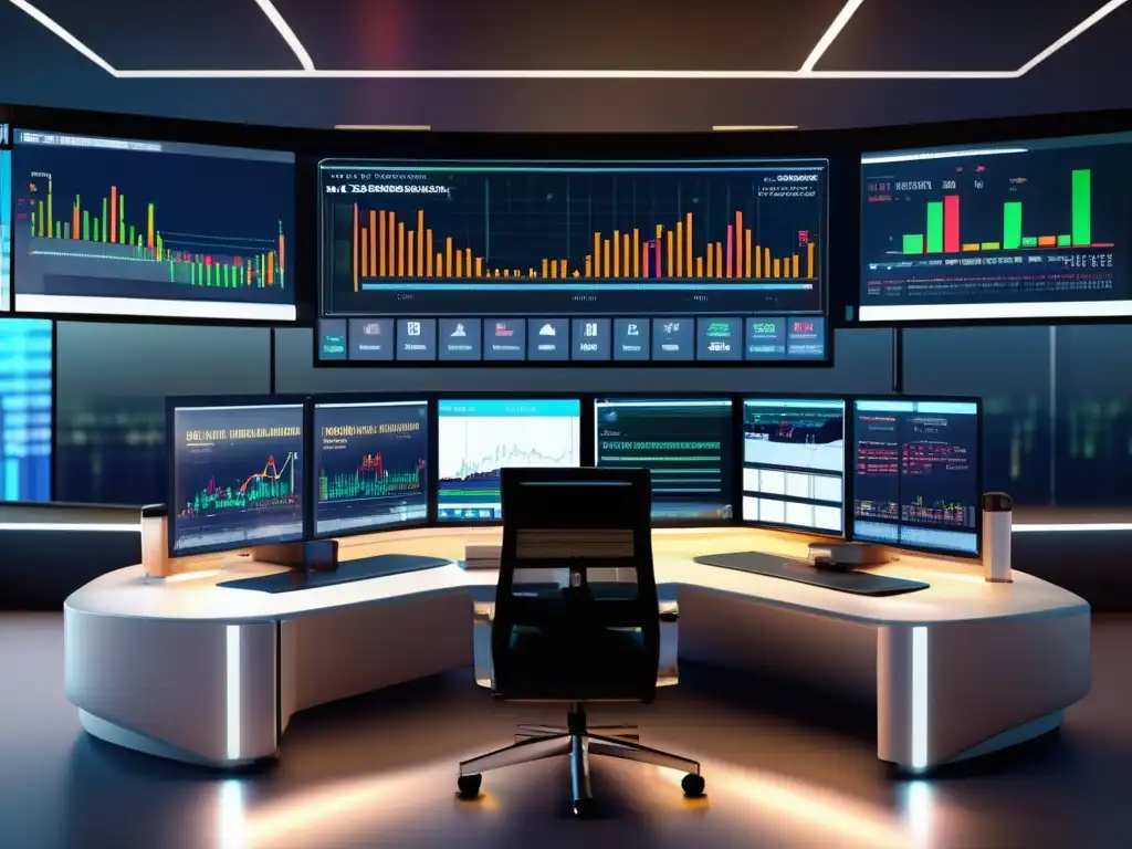 Escritorio de trading moderno con gráficos financieros en tiempo real Escritorios de trading modernos con gráficos financieros y tecnología futurista, transmitiendo profesionalismo y análisis técnico