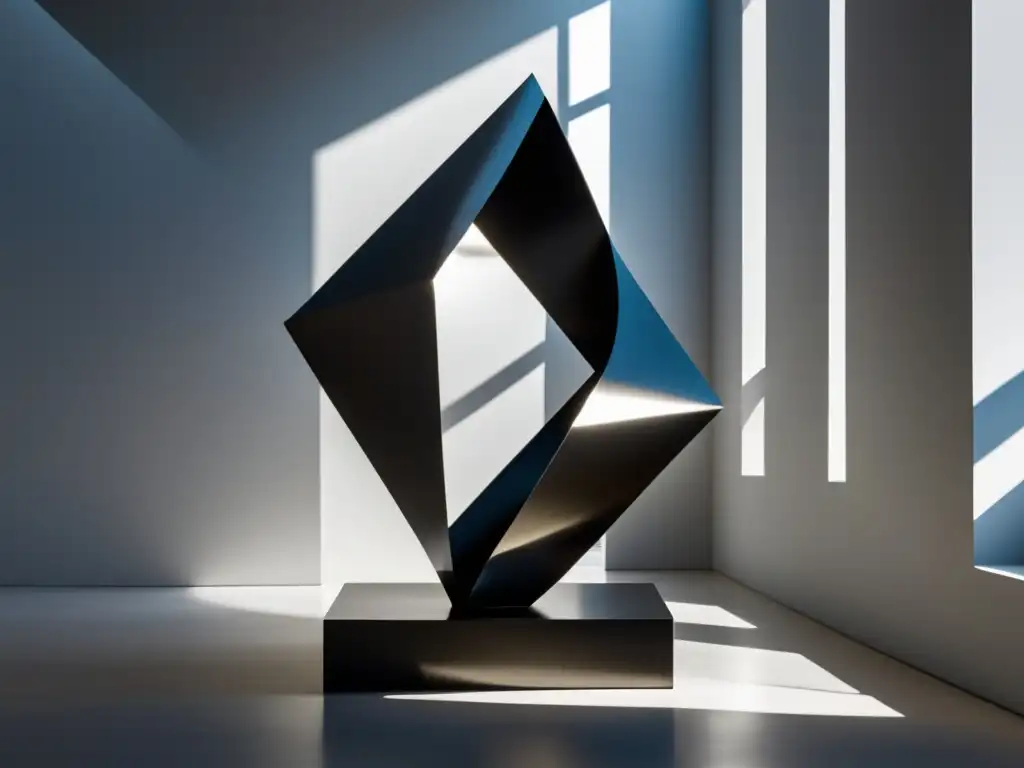 Escultura moderna elegante en galería de arte Inversión en escultura tridimensional - Escultura moderna cautivadora en galería de arte minimalista