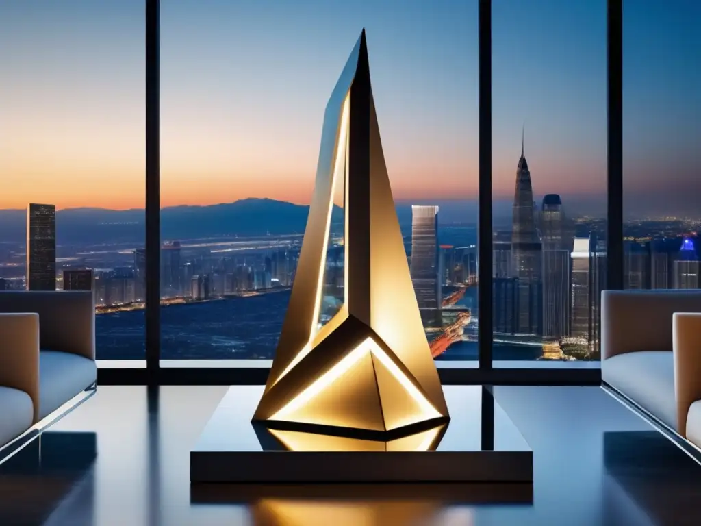 Escultura moderna en ciudad vibrante Inversión en escultura tridimensional: escultura moderna en ciudad vibrante al atardecer