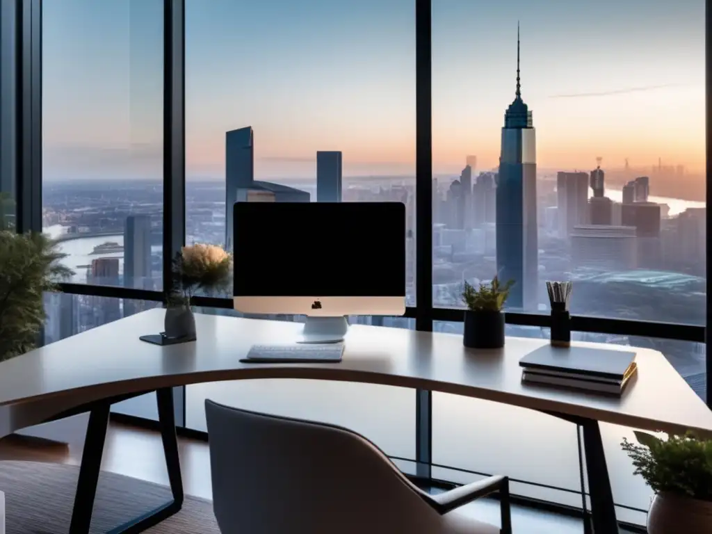 Oficina moderna con vista a la ciudad Espacio de oficina elegante con vista a la ciudad y elementos decorativos, simbolizando estrategias de inversión a largo plazo y bienestar personal