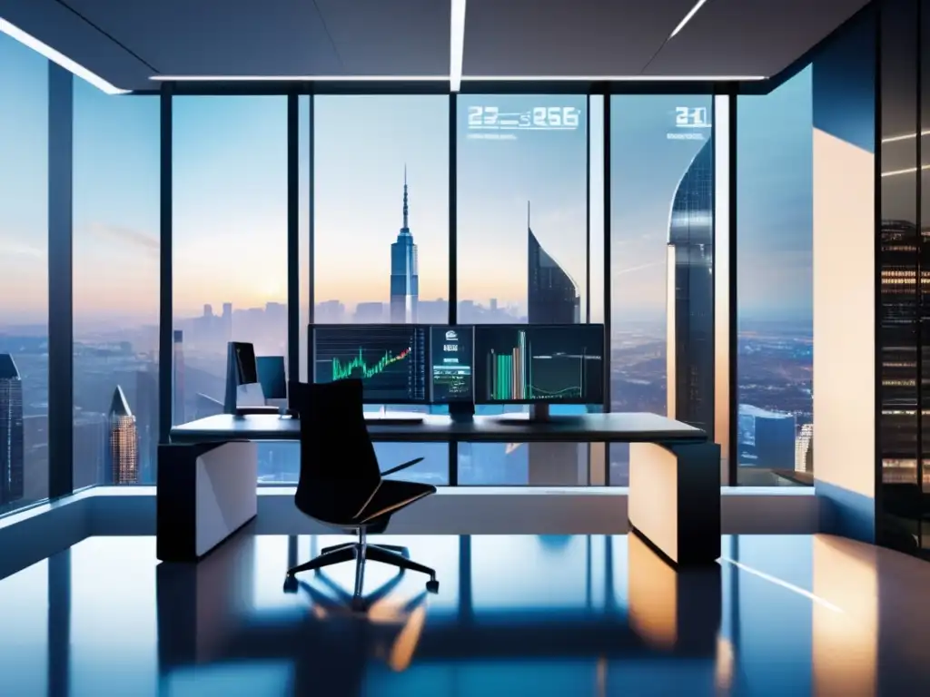 Espacio de oficina futurista y tecnológico Espacio de oficina futurista con Roboadvisors eliminando inversión emocional