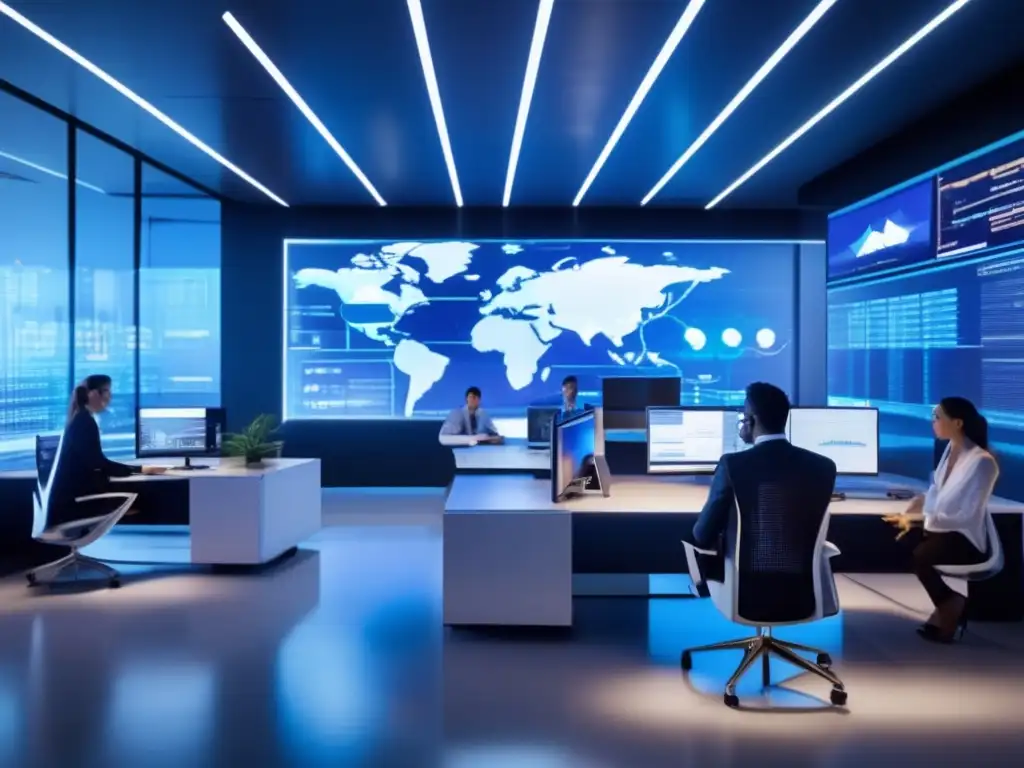 Oficina futurista con tecnología de vanguardia Un espacio de oficina futurista y tecnológico con paredes de vidrio elegantes y muebles minimalistas