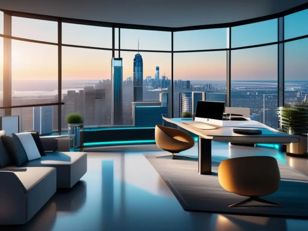 Oficina futurista con bot de inversión Un espacio de oficina futurista con ventanales panorámicos que muestran una ciudad bulliciosa