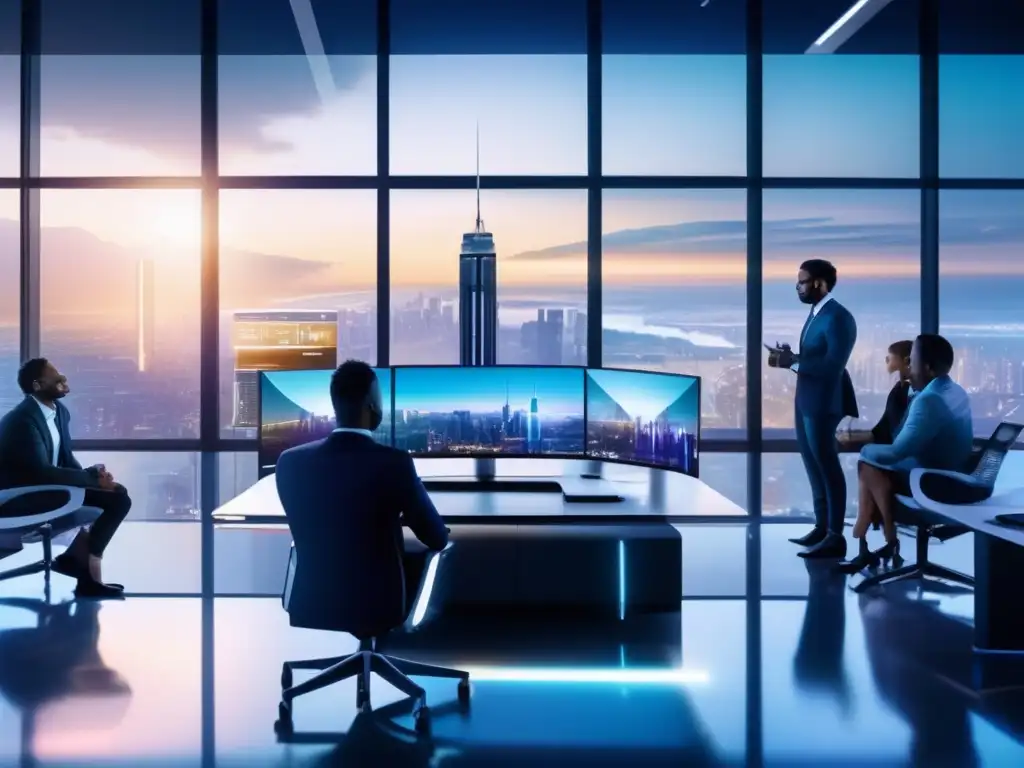 Oficina futurista con tecnología avanzada Espacio de oficina futurista con vistas a la ciudad y tecnología avanzada: Tendencias de inversión con inteligencia artificial
