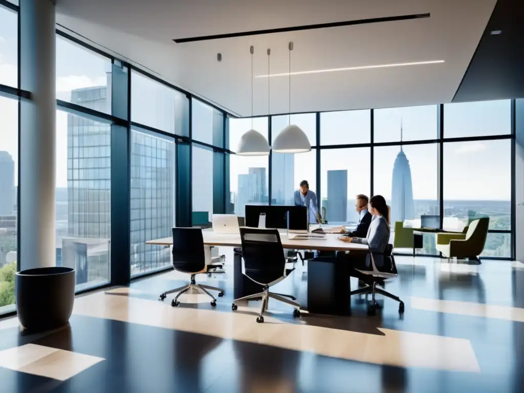 Oficina moderna con profesionales del sector inmobiliario Espacio de oficina moderno con amplias ventanas, profesionales de bienes raíces en discusiones productivas y ambiente profesional