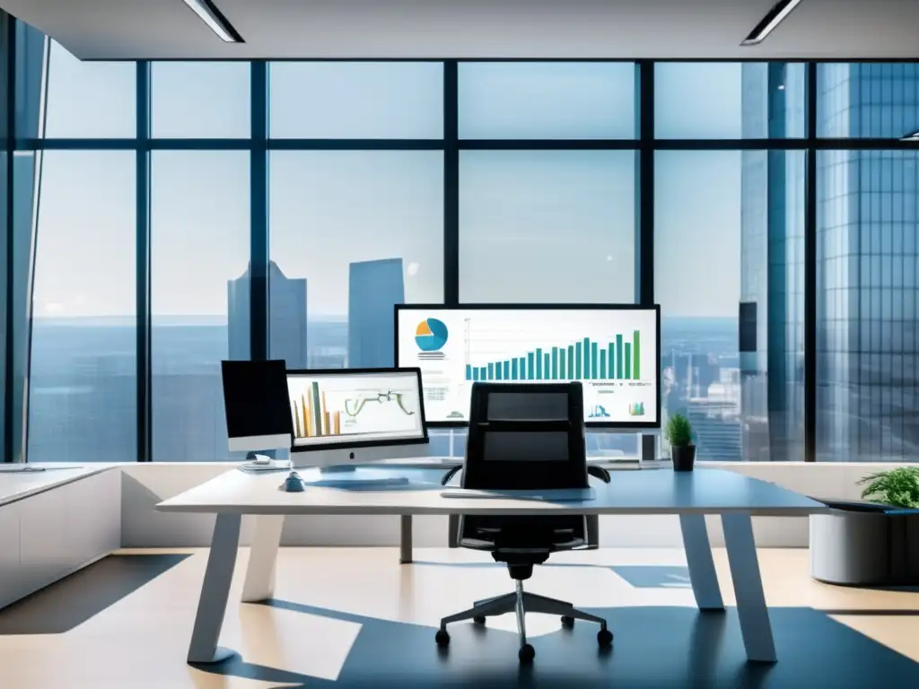 Espacio de oficina moderno con luz natural y tecnología financiera Espacio de oficina moderno con amplios ventanales y muebles minimalistas