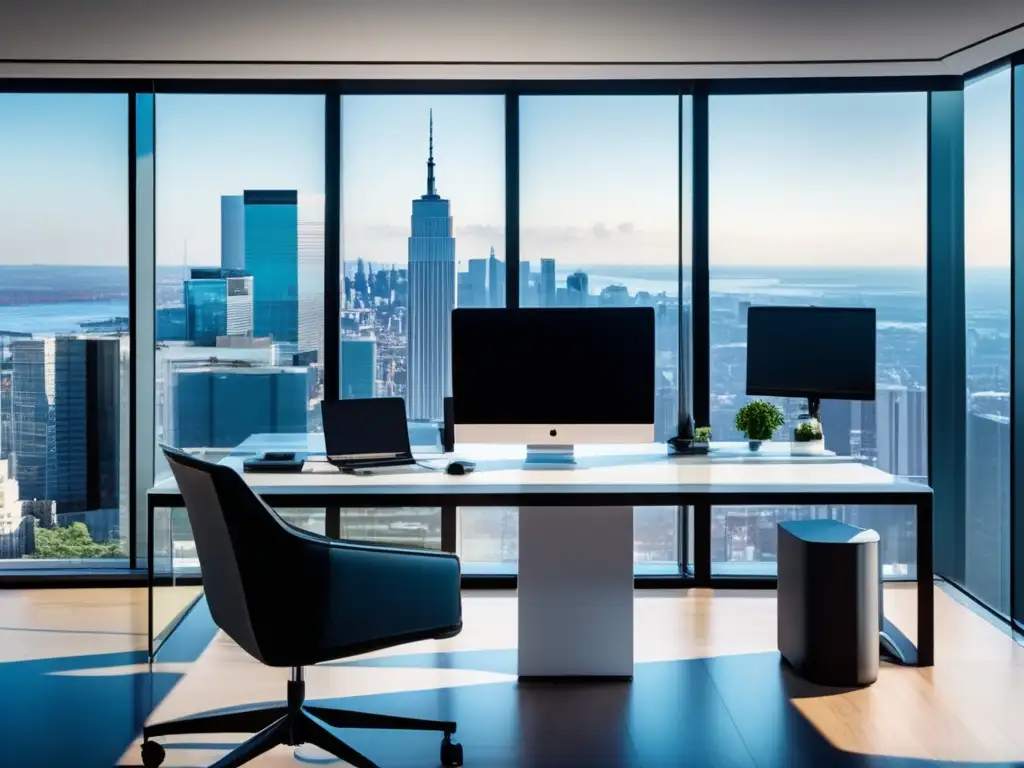 Oficina moderna con vista panorámica Espacio de oficina moderno con diseño minimalista y vistas panorámicas de la ciudad