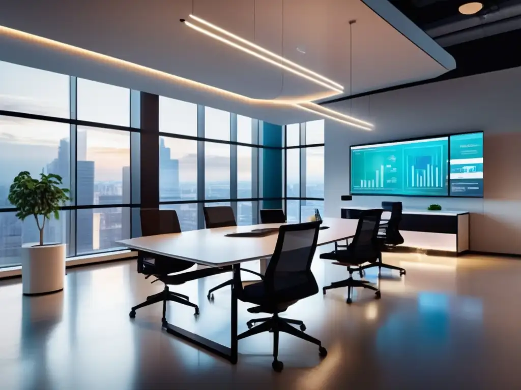 Oficina moderna y futurista con profesionales y tecnología Espacio de oficina moderno con diseño futurista y luz natural, pantalla digital con datos de inversión en tiempo real y profesionales colaborando