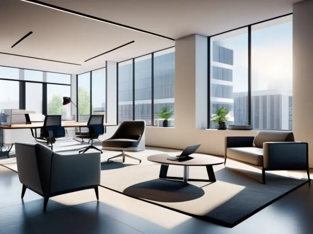 Espacio de oficina moderno y profesional Espacio de oficina moderno con diseño minimalista, iluminado por luz natural