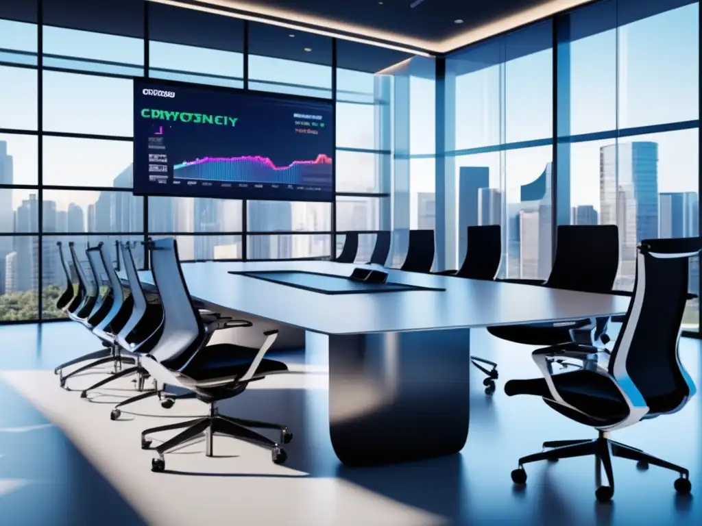 Espacioso y moderno espacio de oficina con tecnología de vanguardia Espacio de oficina moderno y elegante con luz natural, pantallas de datos de criptomonedas y tecnología de vanguardia