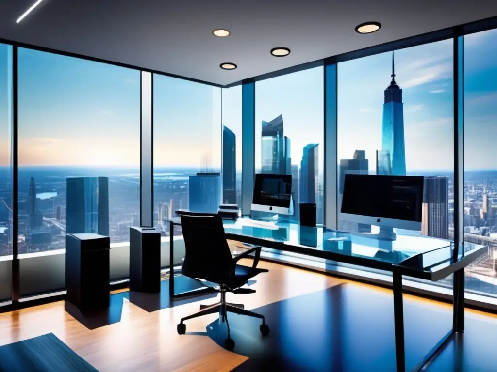 Oficina moderna con vista a la ciudad Espacio de oficina moderno y elegante con vistas a la ciudad y muebles contemporáneos